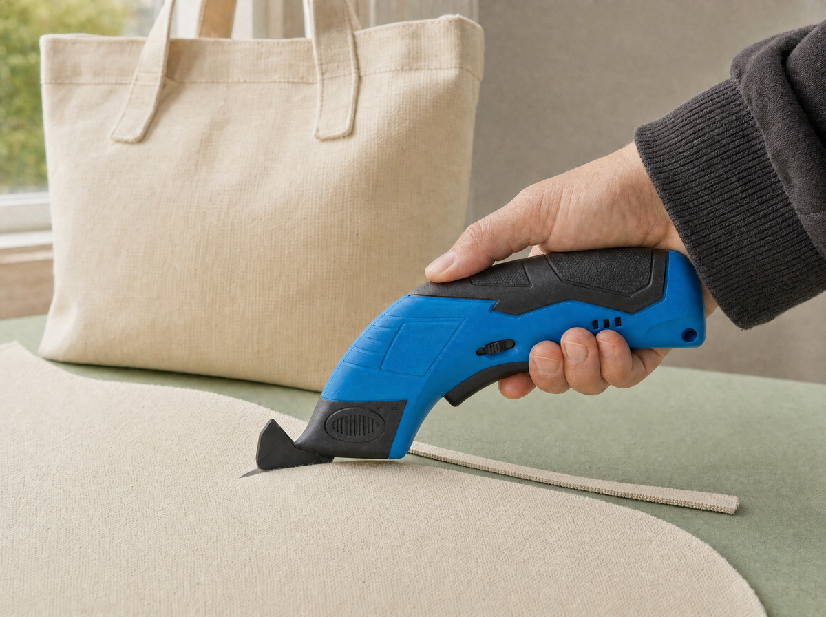 Blue cordless craft shears cutting canvas for a tote bag