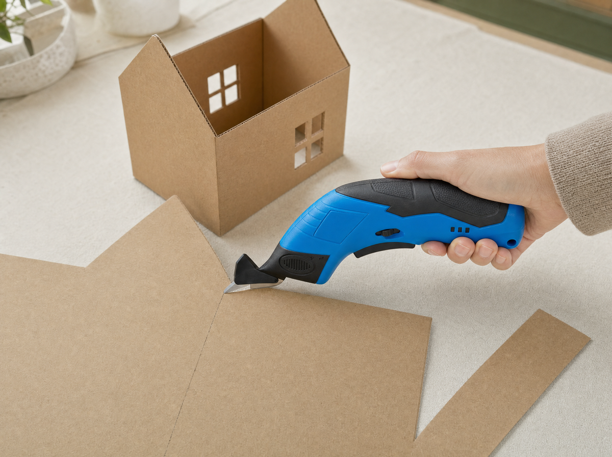 Exact blue shears in an adult right hand dividing plain card into a large roof-shaped piece for a cardboard craft house