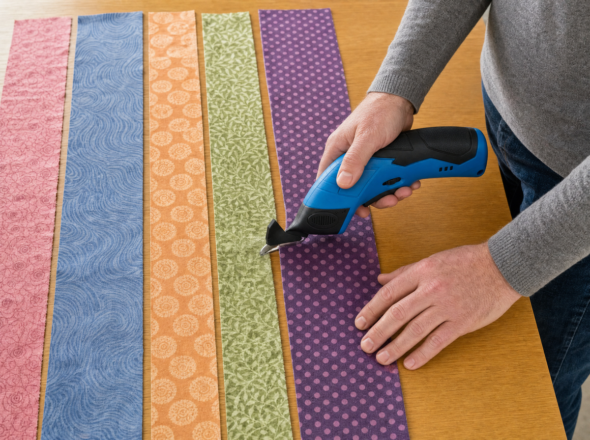 Close front-left view of exact blue shears working into a long quilting-cotton strip, separated backing edge visible, right hand on grip and left forearm behind blade, pale table and subtle gingham cloth