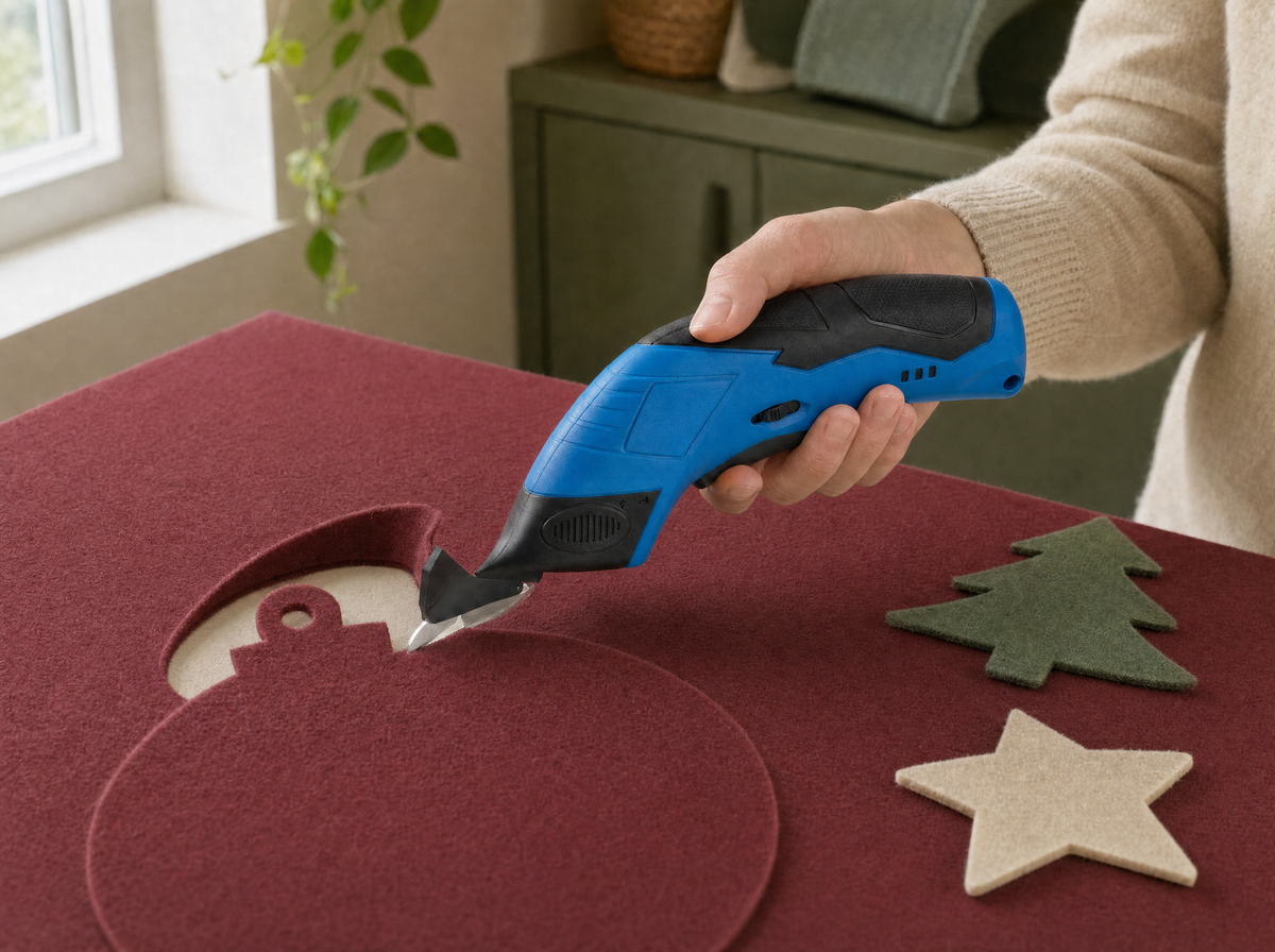 Exact blue shears making a broad curved cut around a large felt ornament blank on a beige desk; completed simple felt shapes remain nearby, no tiny intricate cut