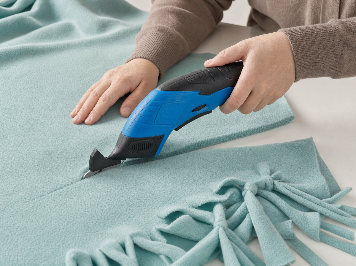Exact blue shears making a broad straight edge cut in light teal fleece; tied blanket corner and unknotted broad fringe visible beside the work, adult right hand in soft brown sleeve, safe left hand behind