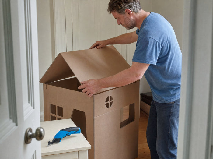 A 41-year-old father in a worn blue T-shirt fitting a newly cut cardboard roof on a playhouse, exact blue shears placed safely on a pale side table in foreground, product readable and no child near blades; partner phone snapshot from doorway at waist height in bright afternoon room light