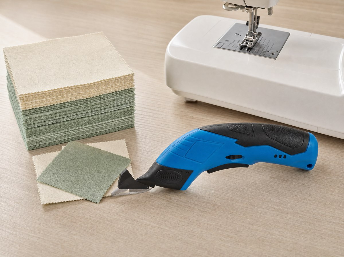 Unique three-quarter close photograph of exact blue shears resting entirely visible on a stack of freshly cut cream and pale sage cotton squares beside the edge of a sewing machine