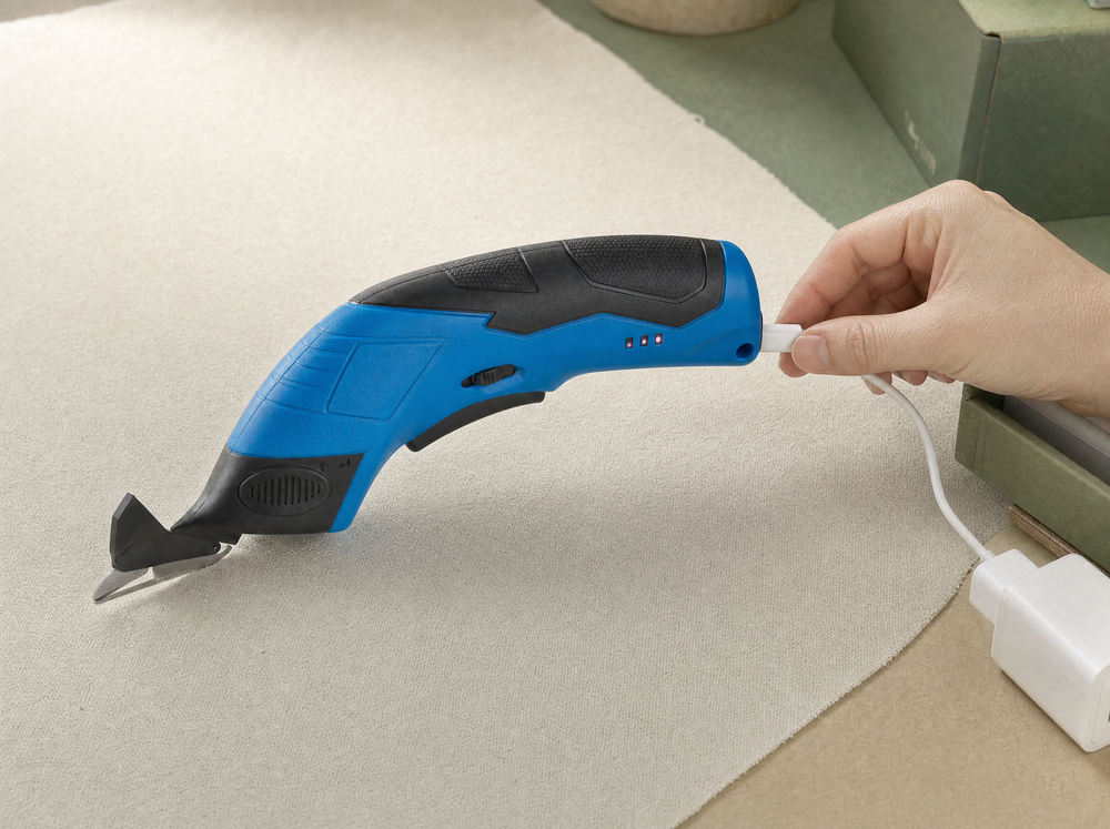 Close photograph of the exact blue tool on a cream table while an adult hand holds the supplied white USB lead at the tool for charging; connector/tool junction partly occluded by fingers so no invented socket is shown