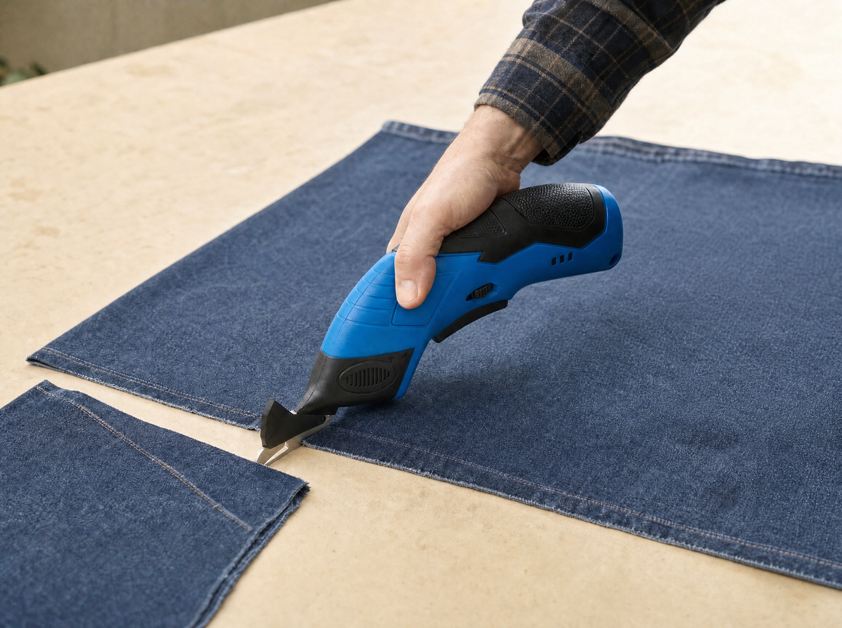 Exact blue shears at a cut edge in one denim leg on a pale utility table, large patch already separated, no minuscule notch