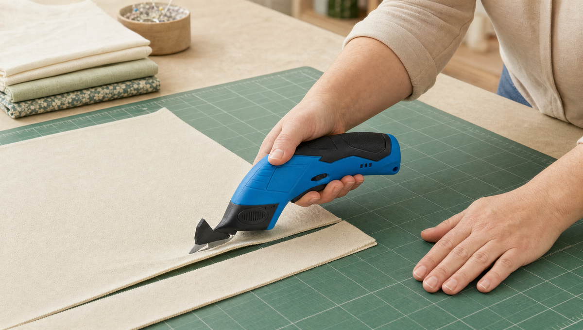 Large horizontal documentary view of exact blue shears in an ordinary home maker right hand cutting a broad cream fabric panel on a sage cutting mat