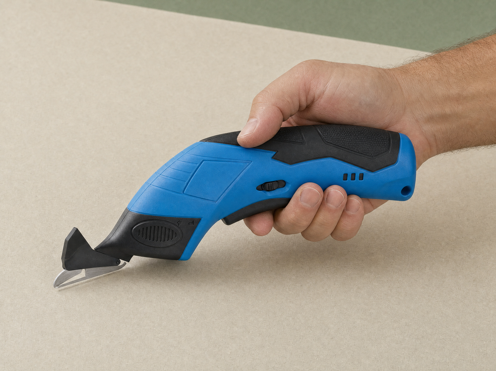Close side photograph of exact blue shears at rest held in right hand; thumb beside the source-supported small side safety switch and index finger resting on real underside trigger, blades safely clear of cloth and left hand